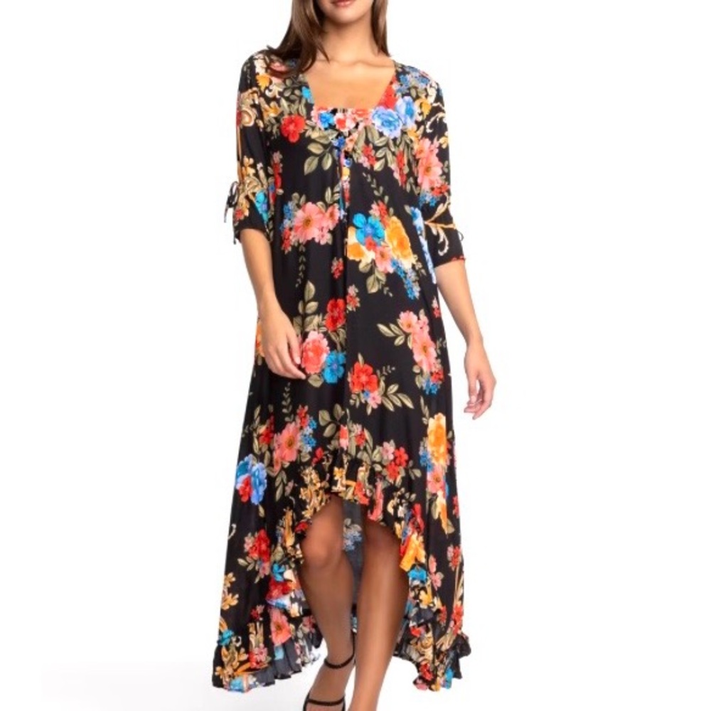 NEW Johnny Was Black Royal Long Ruffle Kimono Floral Open Tie Cover-Up Size L